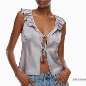 Wilfred Tonka Satin Sleeveless V-neck Ruffled Blouse Aritzia in Size Medium